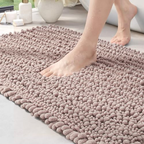 DEXI Badezimmerteppich 40 x 60 cm,Chenille Badematte rutschfest,weicher Badvorleger Maschinenwaschbar,Super absorbierend Badteppich für Badewanne,Dusche und Badezimmer, Beige