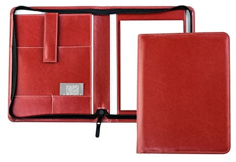 DELMON VARONE - Tablet Schreibmappe mit Reißverschluss inkl. Notizblock DIN A5 (50 Blatt) aus veganem Eco Kunstleder Rot - Organizer Konferenzmappe mit Stifthalter & Einsteckfach - Organisationsmappe