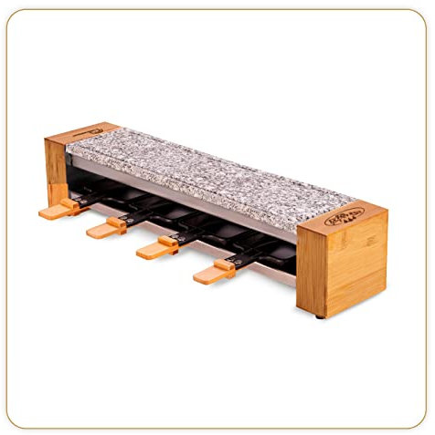 LITTLE BALANCE 8619 Raclette 4 Meuuh…!, Raclette, Pierre à cuire, Pierre naturelle Granit, 2 fonctions en 1 seul appareil, 4 personnes, 4 spatules + 4 planchettes, 600 W, Bambou