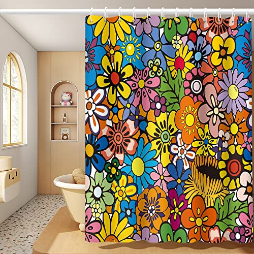 Umpoo Bohemia Duschvorhang mit bunten Blumen, Retro, Hippie, 60er-, 70er-Jahre, ästhetisch, waschbar, Polyester, langlebiger Stoff, mit Haken, 152,4 x 183,9 cm