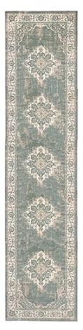 FRAAI | Home & Living Vintage LäUfer - Spring Medaillon Grün Creme - 80x300 cm - Polypropylen - Kurzflor - Vintage - Boho, Orientalisch - Wohnzimmer, Schlafzimmer, Flur