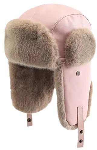GIBZ Fliegermütze für Damen Plüsch Wintermütze mit Ohrenschutz Winddicht Leder Russisch Trappermütze, Rosa