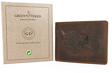 GREEN DEED Echtleder Herren Geldbörse – Groß Portmonee aus Leder – Portemonnaie mit Münzfach – Tri-Fold Geldbeutel Männer - Vintage Braun - Jäger Wildschwein - 12 x 9 x 3 cm