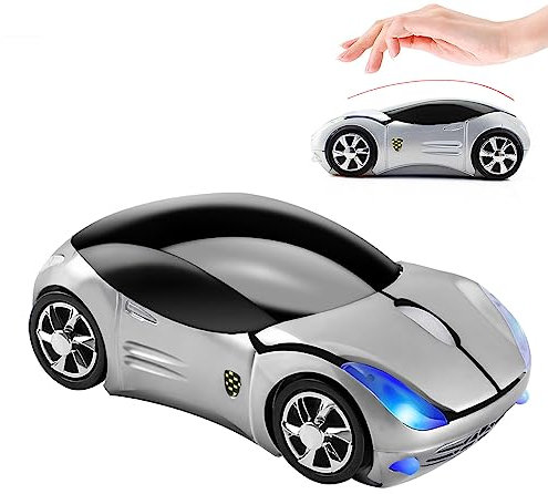 Souris Ordinateur Sans Fil en forme de voiture de sport, Optique Souris Sans Fil 2,4G avec Récepteur USB, 1600DPI,PC Souris Ergonomique Portable Cadeaux d'anniversaire pour Enfants et Adult Argent