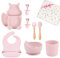 TudoBem Coffret Repas Bebe Silicone [8 Pièces], Assiette Ventouse pour Bébé + Bavoir Ajustable + Bol Antidérapant + Cuillere/Fourchette 1er âge et 2ème Age + Verre, Cadeau Naissance (Rose)