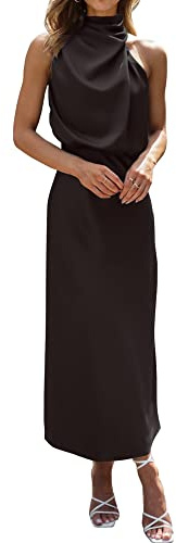 BTFBM Cocktail Dresses for Women Summer Satin Silk Sleeveless Mock Neck Maxi Wedding Guest Dress Spring Outfits 2026(Black, Medium)