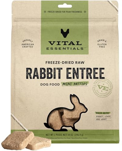 Vital Essentials Freeze Dried Dog Food, Rabbit Mini Patties, 14 oz Bag