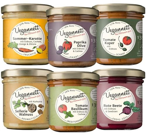 VEGANNETT Bio Brotaufstrich mit Cashew & Erdnuss (Mix) 6 x 135 g | Handwerklich hergestellter Aufstrich mit regionalem Gemüse und exotischen Gewürzen | Herzhaft, vegan & ohne Zusatzstoffe