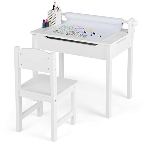 GOPLUS Kindertisch mit Stuhl, Maltisch mit Papierrolle & Marker, Aufklappbare Kindersitzgruppe mit Stauraum, Multifunktionaler Kindertisch zum Malen Spielen Essen für Kinderzimmer (Weiß)