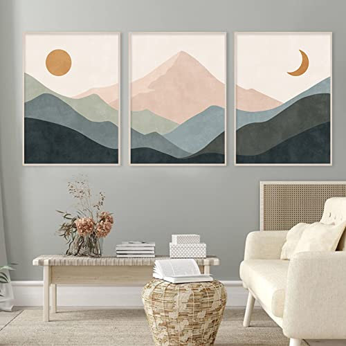 Moderne abstrakte Berge Sonne und Mond Mitte des Jahrhunderts Boho-Leinwandgemälde Wandkunstdrucke Bilder Poster für Wohnzimmer Heimdekoration