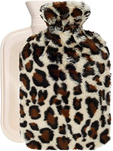 OliviaLiving Wärmbeutel, Wärmflasche, 2 Liter, zum Aufwärmen und Wiedereinfrieren, mit Plüschbezug mit Leopardenmuster, zur Schmerzlinderung, Heißkältetherapie