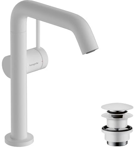 hansgrohe Tecturis S Fine - Waschtischarmatur schwenkbar mit Push-Open Ablauf, energiesparend (CoolStart), Wasserhahn Bad mit Auslauf Höhe 210mm, Mischbatterie wassersparend (EcoSmart+), Mattweiß