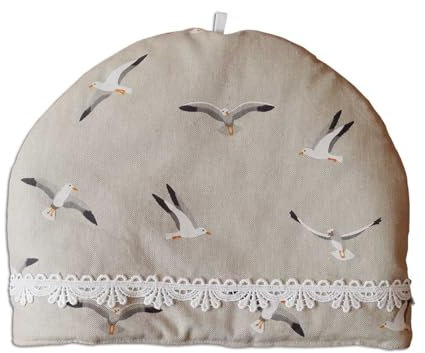 Kannen-Wärmer Ilma Möwe mit Vogtländischer Spitze hochwertige Teemütze - langanhaltende Wärme zum Frühstück | Maritime Teehaube in Natur | dick gefütterter Kaffeewärmer | Kannenmütze ca. 27 x 30 cm