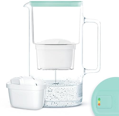 Wessper Caraffa Filtrante in Vetro con Contatore 3L | Ricambio per Dafi Unimax Aquaphor A5 BRITA Maxtra+ PHILIPS AWP212/10 | per Ridurre Calcare, Cloro | Caraffa Filtrante + Cartuccia Filtrante, Menta