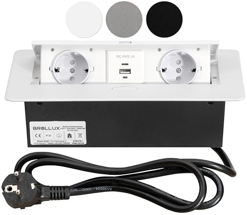 BROLLUX Einbausteckdose versenkbar 2fach mit USB & USBC weiß mit Softöffnung Aluminium Spritzguss 1,5m Anschlusskabel Steckdose