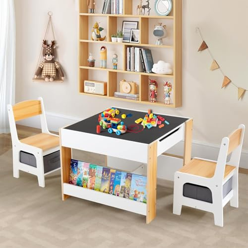 Asweets Kids Table and Chair Set, 4 in 1 Toddler Desk with Storage Drawer