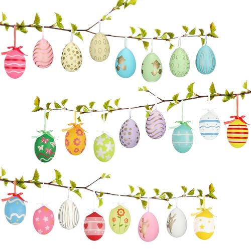 Giugio Ostereier Plastik, 24 Stück Ostereier Aufhängen, Bunt Ostereier Deko, Plastik Ostereier, Eier Kunststoff mit Seil Basteln, Ostern Basteln Bemalen für Dekoration und Geschenk, Osterdekoration
