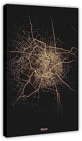 Delhi Stadt-Lichterkarten-Poster, Leinwand-Poster, Wandkunst, Dekordruck, Bild Gemälde für Wohnzimmer, Schlafzimmer, Dekoration, Rahmen, 50 x 75 cm