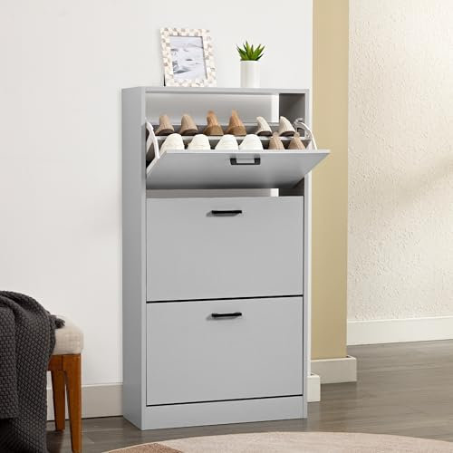 Shoe Storage Cabinet for Hallway Shoe Storage Organiser with 3 Drawer Shoe Rack 3 Tier Storage Cabinet Freestanding Footwear Stand for Hallway, Entryway, Living Room, Light Grey, 60W x 24D x 112H cm