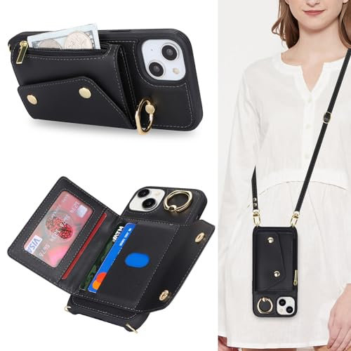 Lipvina Cover per iPhone 15 con cordino Porta Carte Custodia iPhone 15 con cerniera cordino Ring portafoglio donna - Nero
