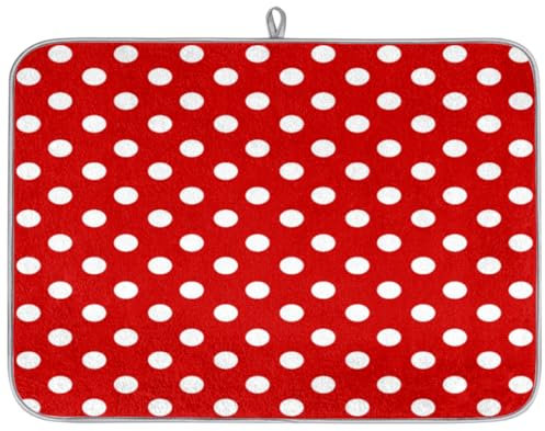 Saugfähige Geschirrabtropfmatte Mit Aufhängeschlaufe 41x46cm, Weißer Punkt Rot Saugstarke Trockenmatte Pflegeleicht Geschirrtrocknungsmatte Saugstarke Abwaschmatte Für Kaffeemaschine Küche
