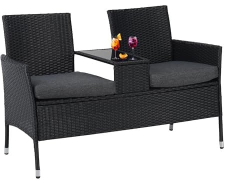 Albatros Gartenbank Antonio – Polyrattan Bank – 2-Sitzer mit Tischplatte aus Glas – UV beständig wetterfest – Stoffpolster – 134x82x55cm schwarz – VIP Relax Sitzbank Poly Rattan Outdoor Tisch Kissen