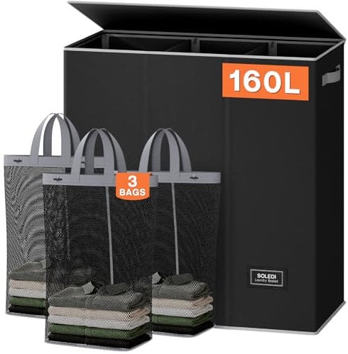 SOLEDI 160L Wäschekorb, Wäschesammler 3 fächer mit Deckel und 3 Wäschesack - Wäschesortierer Groß XXXL Für Badezimmer, Schlafzimmer, Wäschekammer, Kinderzimmer