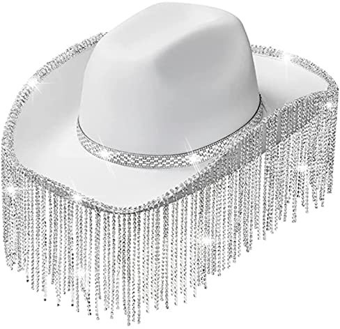 Cowgirl-Hut mit Strasssteinen, Glitzer, Kuh-Mädchen-Hut mit Strass-Fransen, Erwachsenengröße, Cowboyhut für Party, 3 Farben, Cowboyhut mit Strasssteinen, Fransen, Cowgirl-Hut, Kostüm für Damen,