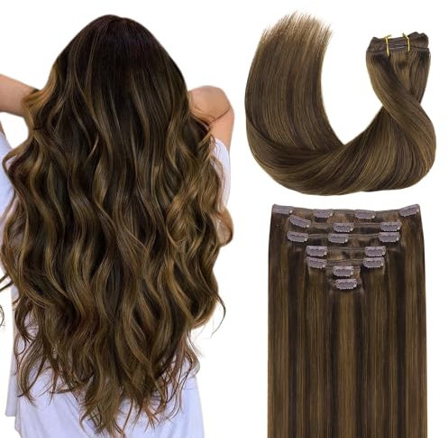 GOO GOO Clip in Extensions Echthaar, Echthaar Extensions Clip, 50cm 120g 7pcs, Extensions Echthaar, Haarverlängerung Echthaar, 2/4E/6C Brauner Zucker Wirbel
