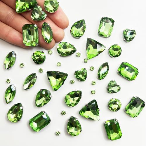 Yixinly 236 Stück Strasssteine zum Aufnähen, 7 Formen von Strasssteinen Metall Krappenfassung Glas Nähen Edelsteinefür DIY-Bastelkleidung, Basteln, Schuhe, Nähen, Taschen (Hellgrün)