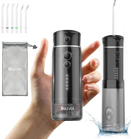 Viaggio Idropulsore Dentale Portatile:Irrigatore Orale con 5 Modalità, Serbatoio d'acqua da 180ml Pulitore Elettrico Impermeabile IPX7 Filo Interdentale con 6 Punte per la Pulizia di Gengive e Denti
