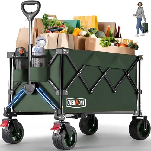 Overmont Faltbar Bollerwagen Klappbar Handwagen - mit Geländegängige Breite Räder - bis 150 kg Tragkraft - für Camping Sport Einkaufen Garten Grün