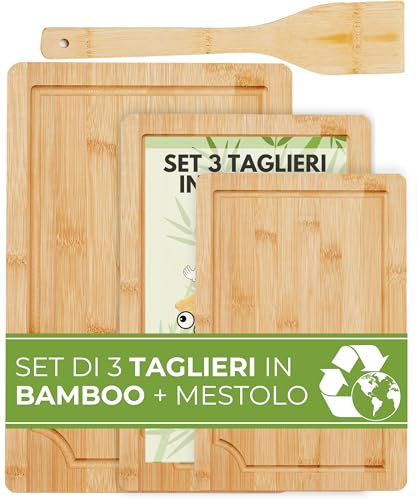 FAH - Set 3 Taglieri in Bamboo da Cucina Professionali con Mestolo da Cucina - Legno Naturale Antibatterico Ideale per Tagliare Carne, Formaggi, Pane, Aperitivo
