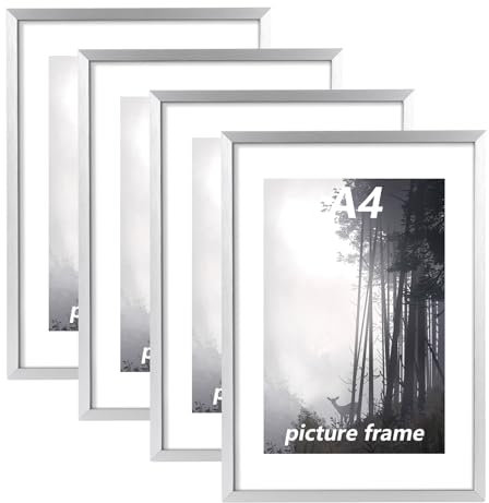 LOPYXBR 4 Stück Bilderrahmen A4 Silber, 21 x 29,7 cm Bilderrahmen Din A4, Rahmen A4, Moderner Portraitrahmen Aluminium mit Bruchsicherem Acrylglas