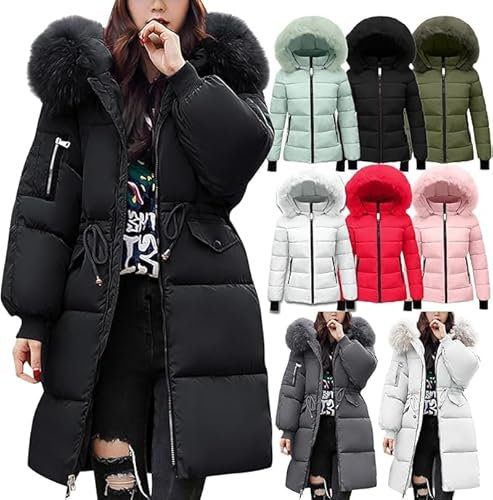 HOOUDO Black of Friday 2024 Womens Quilted Jacket Winter Puffer Coats Lightweight Down Jackets with Fur Hood Plus Size Warm Long Sleeve Parka Outwear Trench Coat Less Than 1 Pound Items
