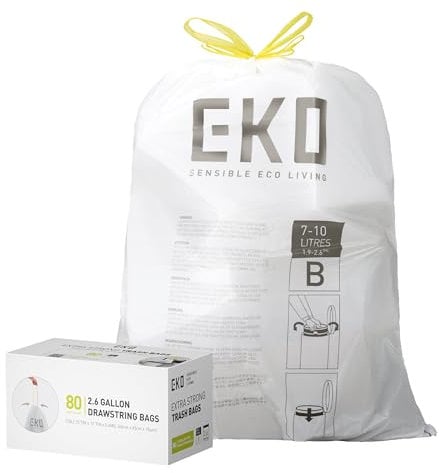 EKO Easy-Dispense Roll 80 Count Extra-Strong Drawstring Small Bin Liner, Trash Bag (7-10L) 1 Pack White, Code B