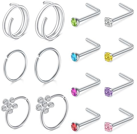 FECTAS 20g Nasenpiercing, 10/12mm Double Nose Ring, Hypoallergene Edelstahl Nasenpiercing Stecker, 0.8mm Gauge 7mm L-förmiger Piercing Schmuck Silber