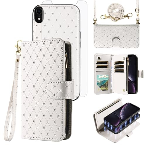 Compatible with iPhone XR 6.1 Wallet Case Zipper Cell and Screen Protector Crossbody Strap Glitter Flip Card Holder Phone Cover for iPhoneXR iPhone10R i Phonex 10XR 10R RX CR iPhoneXRcases Women White