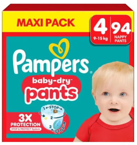 Pampers Baby-Dry Pants Größe 4, 94 Windeln, 9 kg - 15 kg, 360 ° Halt, um Gähnen und Auslaufen zu vermeiden
