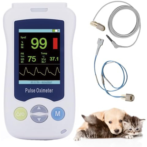 Mavdecll Veterinär-Pulsoximeter, Handheld-Tierarzt-Oximeter, SpO2 und Pulsfrequenzüberwachung, mit Ohr- / Zungensensor und Temperaturfühler, 2,4-Zoll-Display, für Katzen, Hunde, Kleintiere