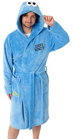 Vanilla Underground Sesame Street Cookie Monster Unisex Hooded Bathrobe | Light Blue Cosy Fleece Bathing & Lounging | Long Sleeve Tie Closure | Sesame Street Merch