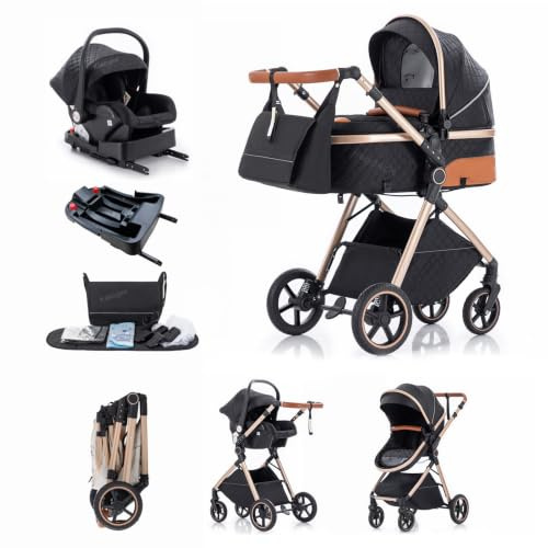 Kakbgee 3 in 1 Kinderwagen, Buggy Faltbar, 7-höhenverstellbarem Griff | Babyschale & Base, 4-Rad Federung, Regenschutz, Moskitonetz, Kombikinderwagen für Neugeborene 0-3 Jahre (15kg), Schwarz