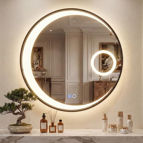 COSTWAY Miroir Salle de Bain avec Eclairage Ø61 cm, Miroir Mural Rond Antibuée, 3 Couleurs de Lumière, Luminosité Réglables, Loupe à Triple Grossissement, Cadre en Aluminium, pour Salle de Bain Hôtel