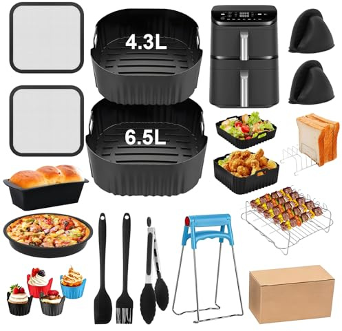 18er Dual Zone Heißluftfritteusen Zubehör Set, Airfryer Zubehör für Cosori Turbo Tower Pro & Smart 10.8 L, BPA-frei, Wiederverwendbar, mit Silikon Backformen und Zubehör