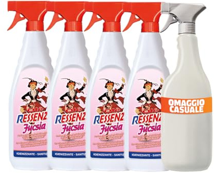 Olè Ressenza Detergente Profumato 750 ml - Profumatore Ambiente 5 in 1 Spray Igienizzante Multiuso per Pavimenti e Superfici - Profuma, Igienizza, Deodorizza, Deterge e Spolvera - Fucsia (4 Unità)