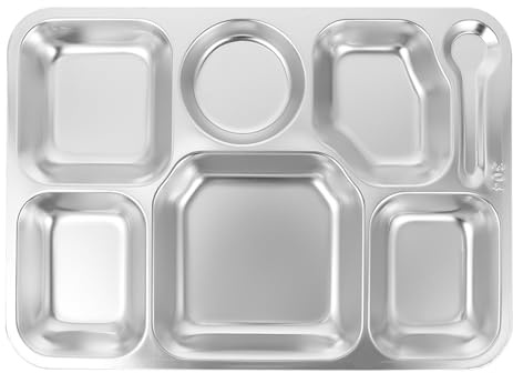 HONMEET Assiette compartimentée pour le déjeuner Plateau-repas compartimenté 7 sections Acier Inoxydable argenté pour étudiants pique- randonnée sans bavure Réutilisable