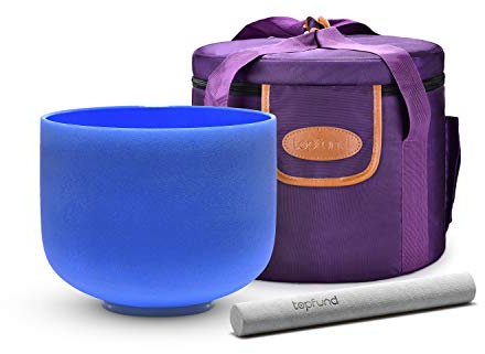 TOPFUND 440 Hz G Note Blue Crystal Singing Bowl 10 inch Throat Chakra with Heavy Duty Carrying and Singing Bowl Mallets