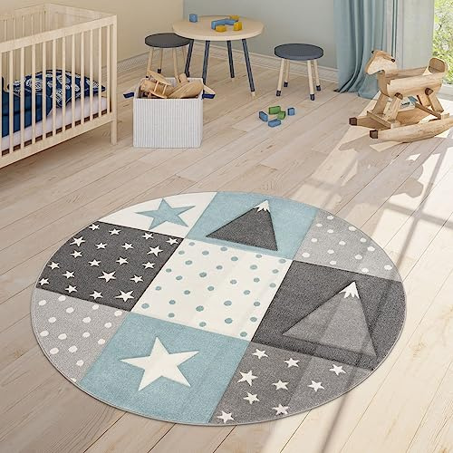 TT Home Kinder Teppich Spielteppich Karos Punkte Sterne Mond Pastell Türkis Weiß Grau, Größe:120 cm Rund
