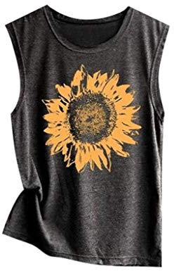 Lazzboy Women Tank Top Print Sleeveless Round Neck Vest Camis Size 8-16 Loose Ladies Blouse Shirt(S(8),Dark Grey-Sunflower)