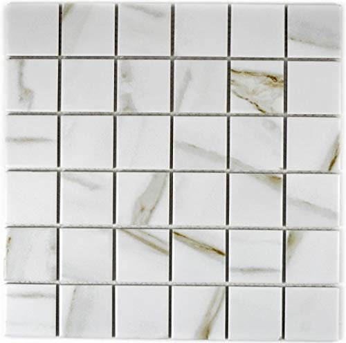Piastrelle a mosaico Calacatta, in gres porcellanato, bianco, beige, MOS14-0112
